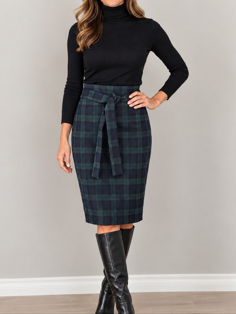 Ann Taylor Size 8 Black Watch Plaid Pencil Skirt with Tie Belt
